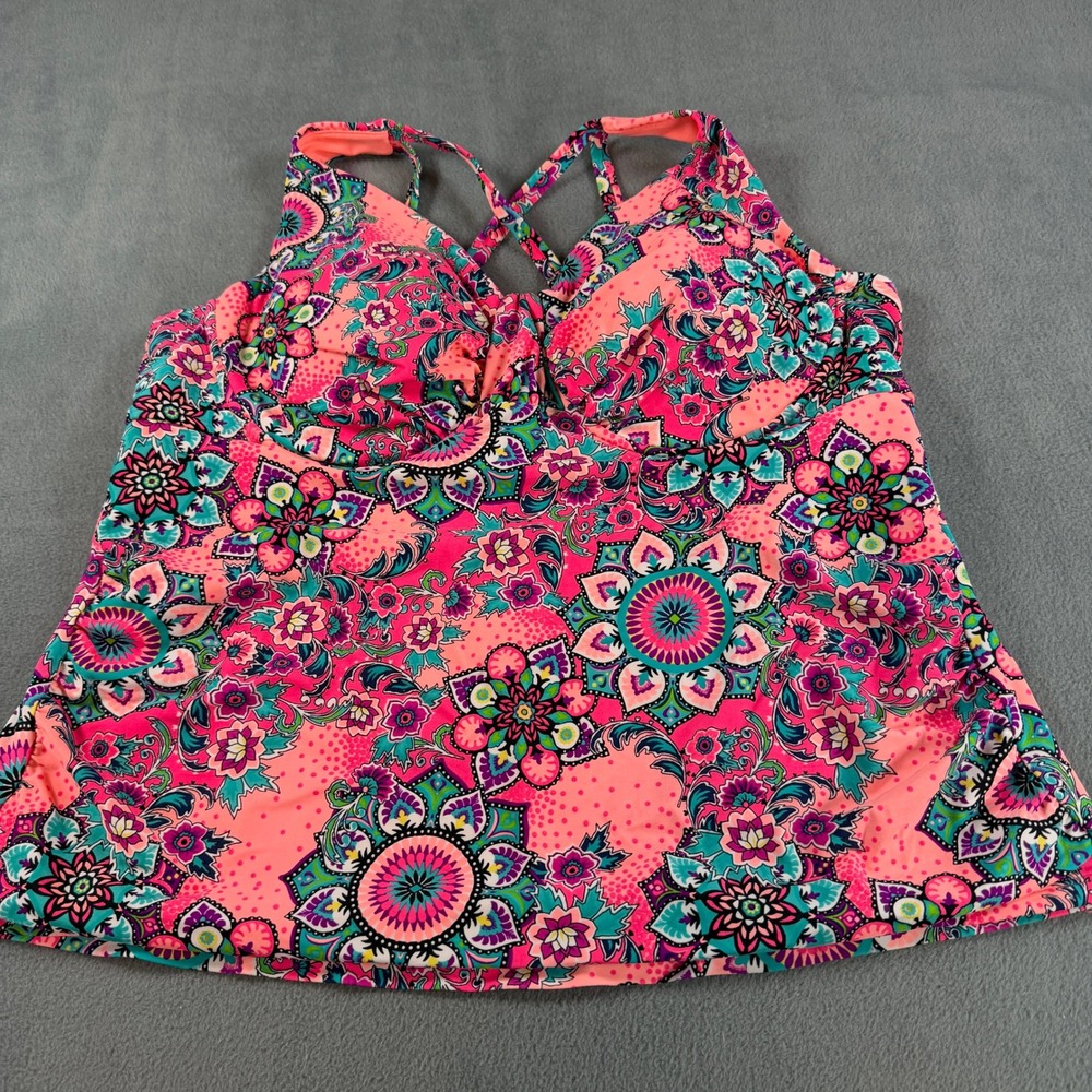 Catalina Womens 2X Pink Floral Mandala Tankini Swim Top Cross Back Boho 18W-20W